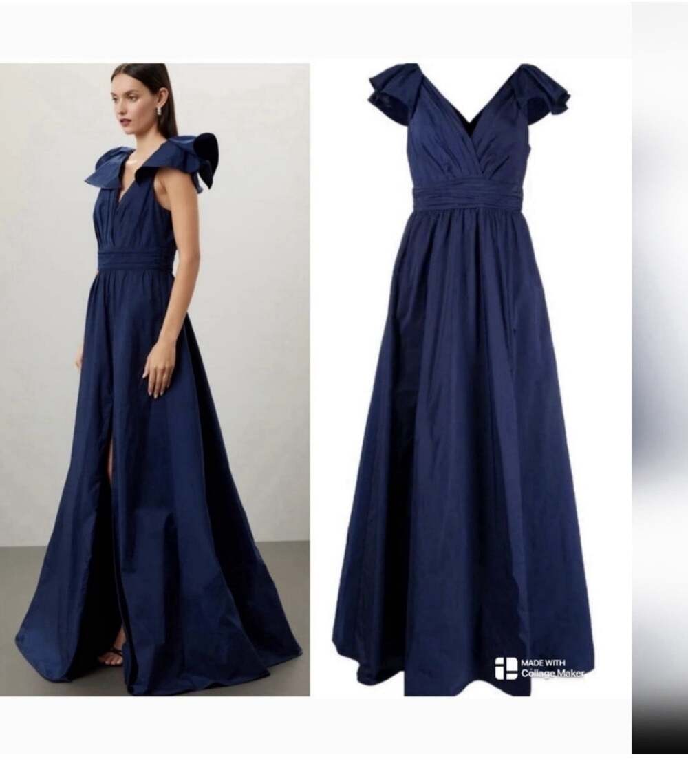 Marchesa Notte V Neck Ruffled Long Gown Size 6 Blue Formal Holiday Gala